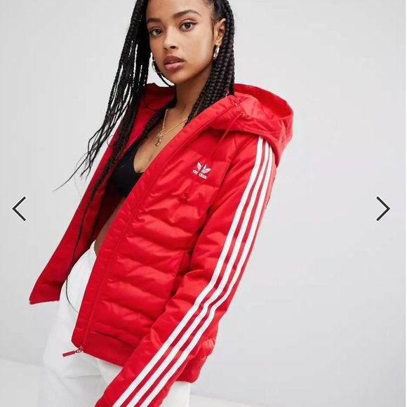 Adidas Jackets \u0026 Coats | Adidas Originals Three Stripe Slim Puffer Padded Jacket Coat in Red Size Small | Color: Red | Size: S | Lynne525's Closet